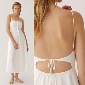 NWT OYSHO White Linen Open Back Sleeveless Button Down A-Line Midi Dress Medium